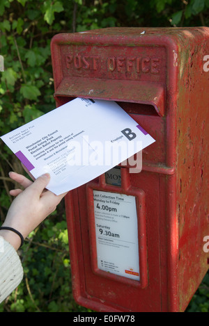 Voto postale busta essendo collocata in una cassetta postale la busta contenente completato voto cartaceo Foto Stock