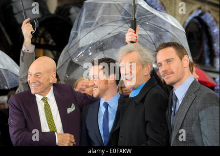 Cast assiste gli X-MEN: GIORNI DI FUTURO PASSATO UK PREMIERE su 12/05/2014 di Odeon Leicester Square, Londra. Persone nella foto: Patrick Stewart, James McAvoy, Sir Ian McKellen, Michael Fassbender . Foto di Julie Edwards Foto Stock