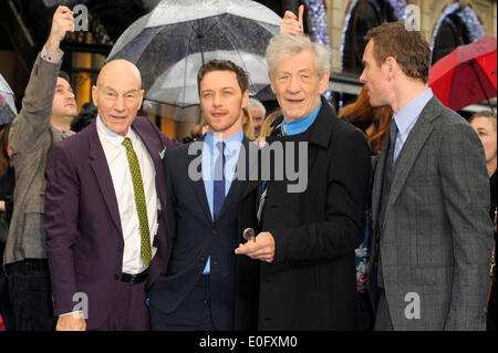 Cast assiste gli X-MEN: GIORNI DI FUTURO PASSATO UK PREMIERE su 12/05/2014 di Odeon Leicester Square, Londra. Persone nella foto: Patrick Stewart, James McAvoy, Sir Ian McKellen, Michael Fassbender . Foto di Julie Edwards Foto Stock