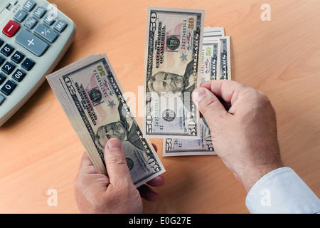 Un sacco di dollaro di banconote sono contati, Viele Dollar Geldscheine werden gezaehlt Foto Stock