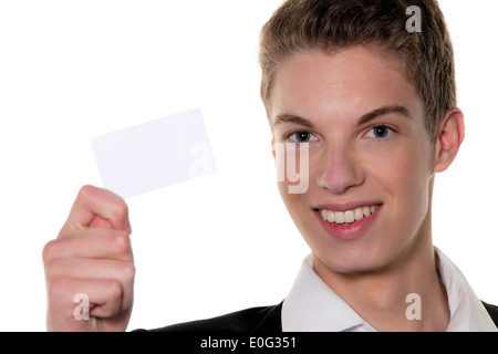 Un giovane rfolgreicher Jung imprenditore con carta telefonica, Ein junger rfolgreicher Jungunternehmer mit Visitenkarte Foto Stock