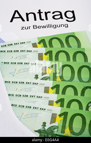 Applicazione e banconote, Antrag und Geldscheine Foto Stock