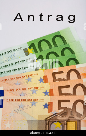 Applicazione e banconote, Antrag und Geldscheine Foto Stock