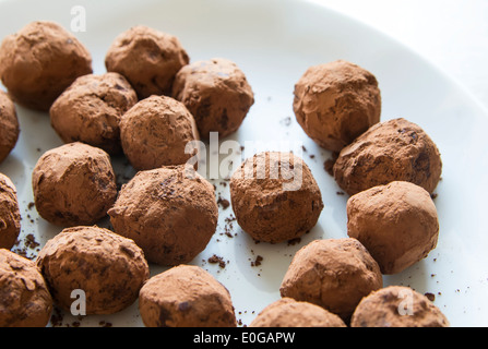 In casa tartufi di cioccolato in polvere di cacao su piastra bianca Foto Stock