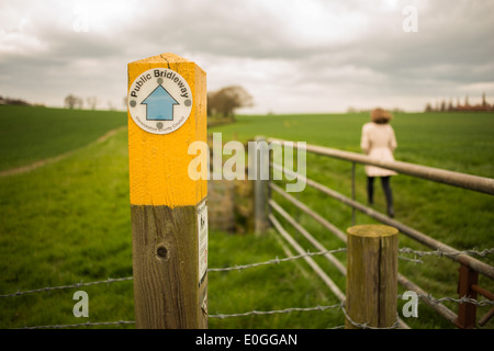 Un pubblico Bridleway segno posto su una campagna via, Warwickshire, Inghilterra. I segni indicano un percorso accessibile per gli escursionisti. Foto Stock