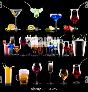 Diverso alcole drinks set - birra, vino, cocktail, succhi, champagne, scotch, soda Foto Stock