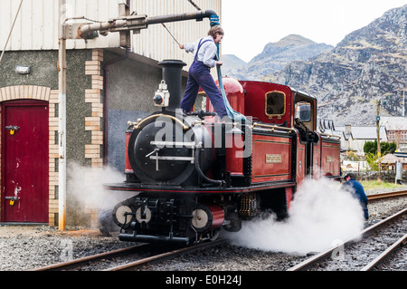 A scartamento ridotto motore a vapore di essere abbeverati e controllati a Blaenau Ffestiniog sulla ferrovia Ffestiniog Foto Stock