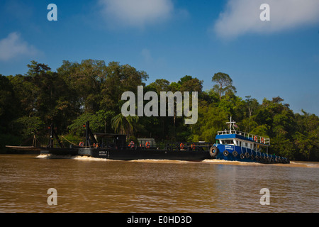 Un rimorchiatore spinge una chiatta utilizzati per il trasporto di automobili attraverso il fiume in sul fiume Kinabatangan Wildlife Sanctuary - Sabah, BORNEO Foto Stock