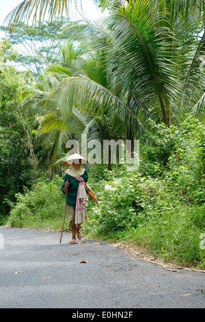 Anziana signora locale indossando il tradizionale paglia conici hat passeggiate una lunga strada a casa dopo il lavoro nei campi east java indonesia Foto Stock