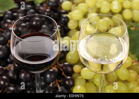 Vino bianco e vino rosso in bicchieri con uve in background Foto Stock