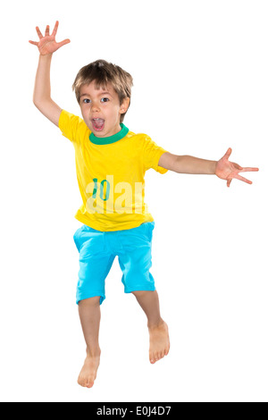 Ragazzo brasiliano, saltando, giallo e blu Foto Stock