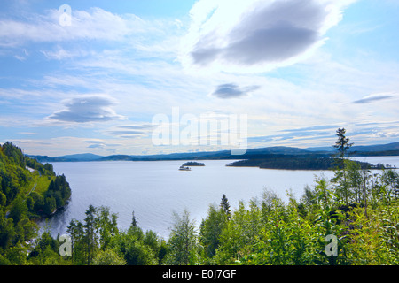 Vista sul fiordo di foresta in estate nel nord della Norvegia Foto Stock