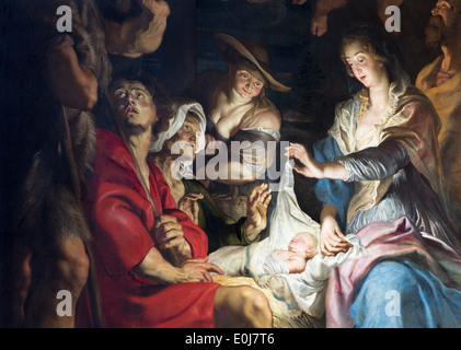 Anversa - parte centrale della vernice della scena della Natività in stile barocco grande pittore Peter Paul Rubens in Saint Pauls chiesa (Paulskerk) Foto Stock