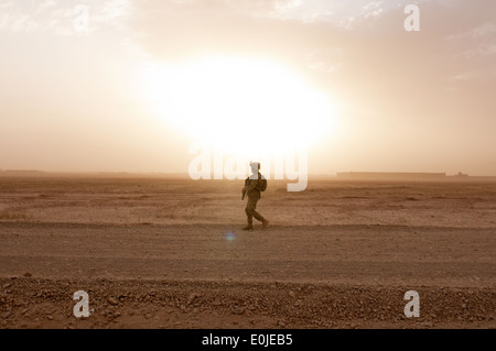 Un soldato georgiano con Co. Una trentunesima Georgian luce battaglione di fanteria, scansioni per attività nemico mentre di pattuglia nella provincia di Helmand Foto Stock