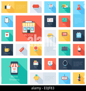Vettore collezione di piatti moderni e colorati negozi le icone con lunga ombra. Gli elementi di design per i dispositivi mobili e le applicazioni web. Foto Stock