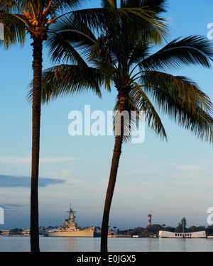 Le palme e la USS Arizona Memorial e la USS Missouri corazzata 63 a Pearl Harbor, Oahu, Hawaii Foto Stock