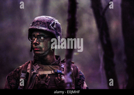 Marines patrol attraverso la foresta di Camp Geiger, N.C. durante la settimana di pattuglia di fanteria battaglione di formazione il 31 ott. 2013. Patr Foto Stock