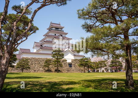 Castello Tsurugajo e ciliegi, Fukushima, Giappone Foto Stock