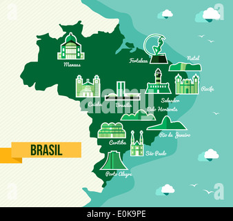 Campionato di calcio Brasile mappa con il punto di riferimento della città. EPS vettore10 organizzati in strati per operazioni di editing semplici. Foto Stock