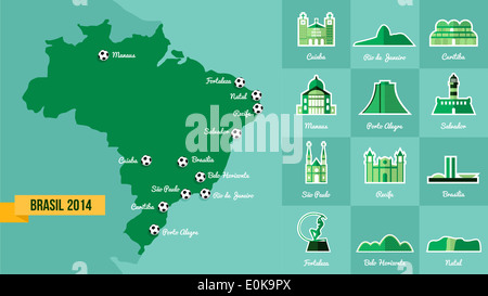 Campionato di calcio Brasile mappa con il punto di riferimento della città. EPS vettore10 organizzati in strati per operazioni di editing semplici. Foto Stock