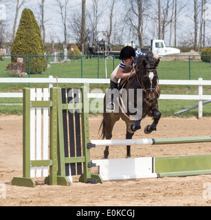 Baia Pony cavallo con il ragazzo adolescente saltando visualizza recinzione al ponticello locale show. Foto Stock