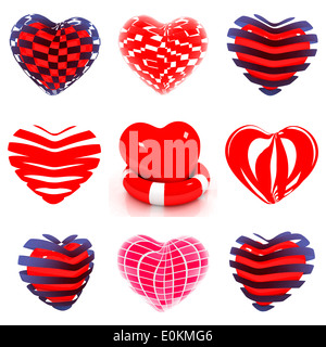 Set di 3d splendido cuore rosso su sfondo bianco Foto Stock