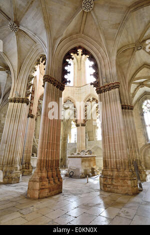 Il Portogallo, Leiria, Batalha, Monastero di Santa Maria da Vitoria, all'interno, tomba, fondatori cappella, cappella, gotic, architettura, stile, religione, storia portoghese, battaglia di Aljubarrota, Re Giovanni 1st., del secolo XIV, Sito Patrimonio Mondiale dell'Unesco, Aprile 2014 Foto Stock