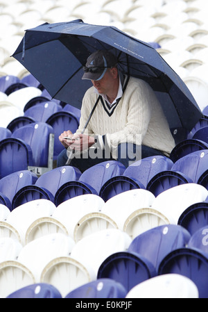 Un ventilatore di cricket ripara dalla pioggia sotto un ombrello. Foto di James Boardman. Foto Stock