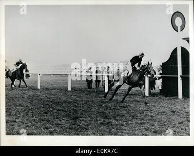 Apr. 04, 1952 - Cancella victor al ''Grand National'' in Inghilterra! Al ''Grand National'' aiutare questo weekend a Eglinton, ''Teal'' ha tagliato il traguardo in primo luogo, cinque lunghezze di vantaggio ''Legal gioia.'' Teal era cavalcato da fantino A.P. Thompson e viene dalla H. Lane in stallo Foto Stock