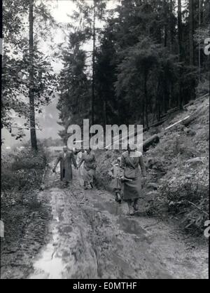 24 agosto 1956 - Le inondazioni in Zillertal. A causa di forti precipitazioni degli ultimi giorni, aree tra Ziller di Gerlos e sono stati superati dall'acqua. Le dighe si è rotto e il giallo di masse di acqua sorpassava la bella regione Zillertal tra Uderns e Zell. Otto persone sono morti annegati e centinaia sono rimaste tagliate fuori dal mondo esterno. Foto Stock