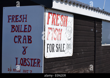 Fisherman's hut pubblicità pesce fresco, granchi e aragoste in vendita sulla spiaggia in Suffolk Foto Stock