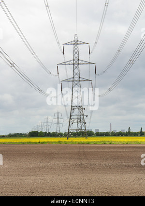 Un paesaggio inglese con tralicci di elettricità con stazione di alimentazione a distanza e un campo di colza gialli Foto Stock