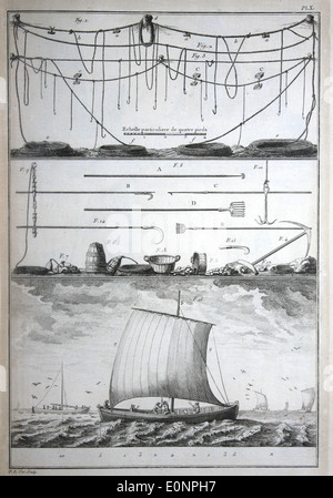 Una collezione di strumenti marittimi utilizzati sulle imbarcazioni, comprese funi, boe, ancore e arpioni, essenziale per la nautica e le attività marittime. Foto Stock