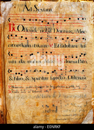 Questa immagine mostra una pagina di un manoscritto di canto spagnolo, che fornisce uno sguardo alle tradizioni musicali storiche. Il manoscritto è accuratamente conservato, con dettagli del canto chiaramente visibili. Foto Stock
