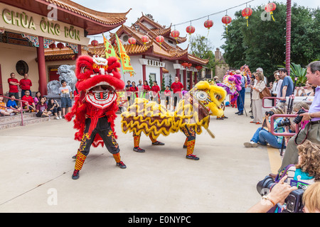 Ballo del leone al tempio Teo-Chew, tempio vietnamita e taoista nel sud-ovest di Houston, Texas. Foto Stock