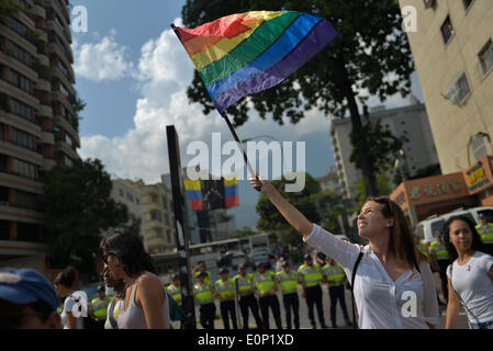 Caracas, Venezuela. Il 17 maggio 2014. Una donna può contenere un flag durante un rally segna la Giornata Internazionale contro l'omofobia e Transphobia, a Caracas, Venezuela, il 17 maggio 2014. © Carlos Becerra/Xinhua/Alamy Live News Foto Stock