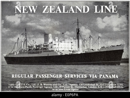Anni Cinquanta spot per la Nuova Zelanda la linea Servizi passeggeri via Panama nella rivista britannica datata luglio 1957 Foto Stock