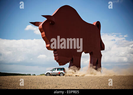 Un SUV con i giornalisti scorre attraverso un campo per visualizzare una gigantesca statua di bielorusso simbolo nazionale, il Bisonte Europeo, su una autostrada che conduce a Minsk, Bielorussia, Sabato, Maggio 10th, 2014. Le autostrade in Bielorussia non conformi con West norme europee. Western Foto Stock