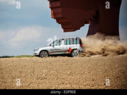 Un SUV con i giornalisti scorre attraverso un campo per visualizzare una gigantesca statua di bielorusso simbolo nazionale, il Bisonte Europeo, su una autostrada che conduce a Minsk, Bielorussia, Sabato, Maggio 10th, 2014. Le autostrade in Bielorussia non conformi con West norme europee. Western Foto Stock