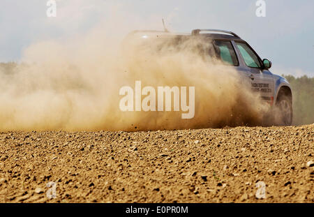 Un SUV con i giornalisti scorre attraverso un campo per visualizzare una gigantesca statua di bielorusso simbolo nazionale, il Bisonte Europeo, su una autostrada che conduce a Minsk, Bielorussia, Sabato, Maggio 10th, 2014. Le autostrade in Bielorussia non conformi con West norme europee. Western Foto Stock