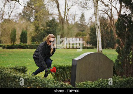 Giovane donna di immissione in commercio dei fiori sulla tomba di un defunto membro della famiglia al cimitero. Signora giovane presso il cimitero di pagare gli aspetti. Foto Stock