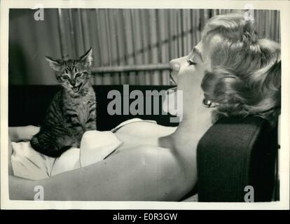 Nov. 11, 1957 - abbastanza per fare un cucciolo ridere. Bella Signora giovane froll Amburgo.. Ora vive in Inghilterra.. Uno dei più ricercati i modelli fotografici in questo paese oggi - è incantevole Heidi Erich - visto qui con un felice cercando gattino. Heidi è venuto in Inghilterra due anni fa da Amburgo - e ora all'età di 21 è sposato dto un inglese - ed è già apparso più volte sulla TV. Ella è anche molto appassionato di nuoto e uno quando sono in vacanza - ha girato un squalo subacquea - con un arpione di pistola. Foto Stock