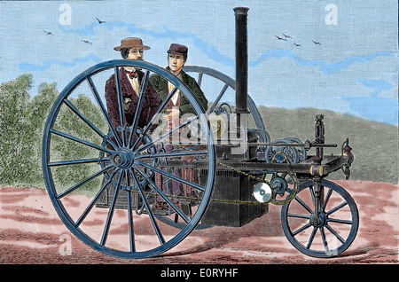 Storia dell'automobile. Steam-powered veicoli a ruote. Incisione del XIX secolo. Colorazione successiva. Foto Stock
