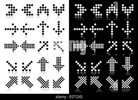 Frecce tratteggiate icone impostato su Bianco e sfondo nero Illustrazione Vettoriale
