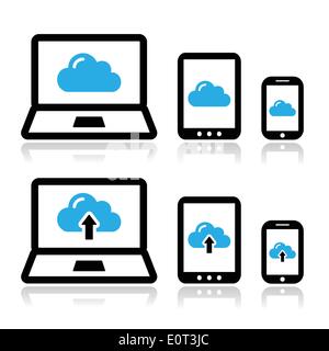 Cloud network su laptop, tablet e smartphone set di icone Illustrazione Vettoriale