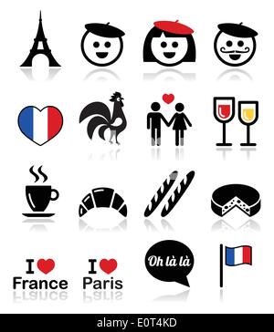 In Francia, I Love Paris vettore set di icone Illustrazione Vettoriale