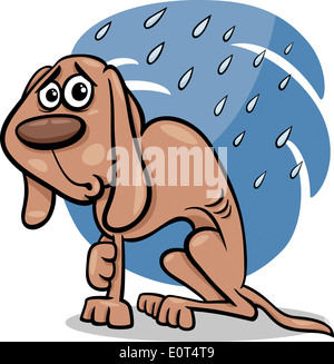 Cartoon illustrazione di poveri senzatetto cane sotto la pioggia Foto Stock
