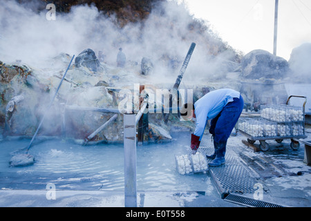 Per la cottura delle uova in il vulcanico sorgenti calde di Owakudani, Hakone, Giappone. Foto Stock