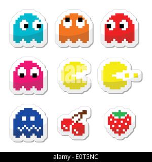 Pacman e fantasmi 80's retrò computer icone di gioco Illustrazione Vettoriale