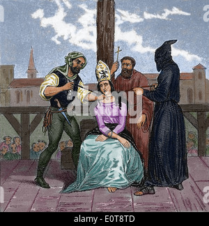 La storia. L'Europa. Caccia alle streghe. Donne accusate di essere streghe. Incisione. (Dopo colorazione). Xix secolo. Foto Stock